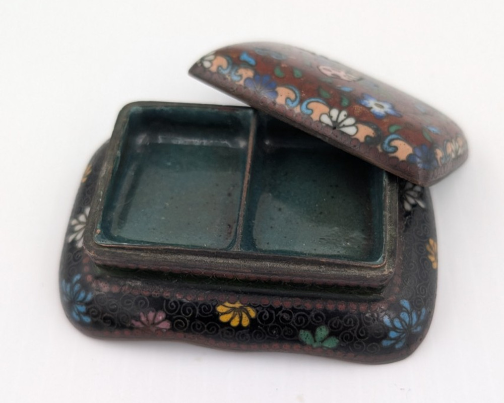 Small Chinese Cloisonne Brass Divided Trinket Box / Stamp Holder / Ink Well (?)
